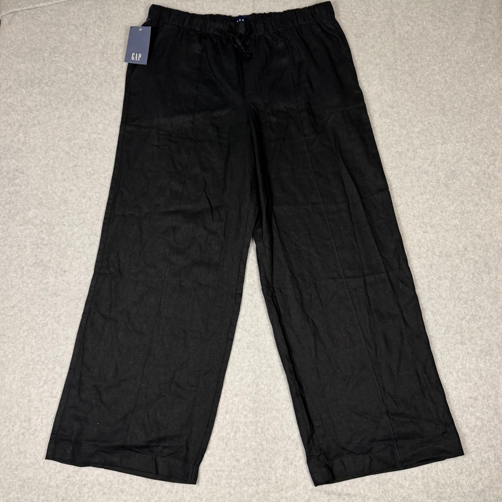 Gap Pull-On Linen Pants Black Wide Leg Drawstring Trousers GP012714 Womens Large